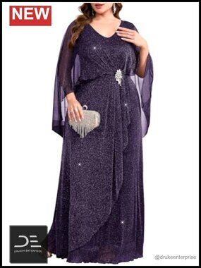 Plus Size Glitter Evening Dress Long Cape V-Neck Formal Gown